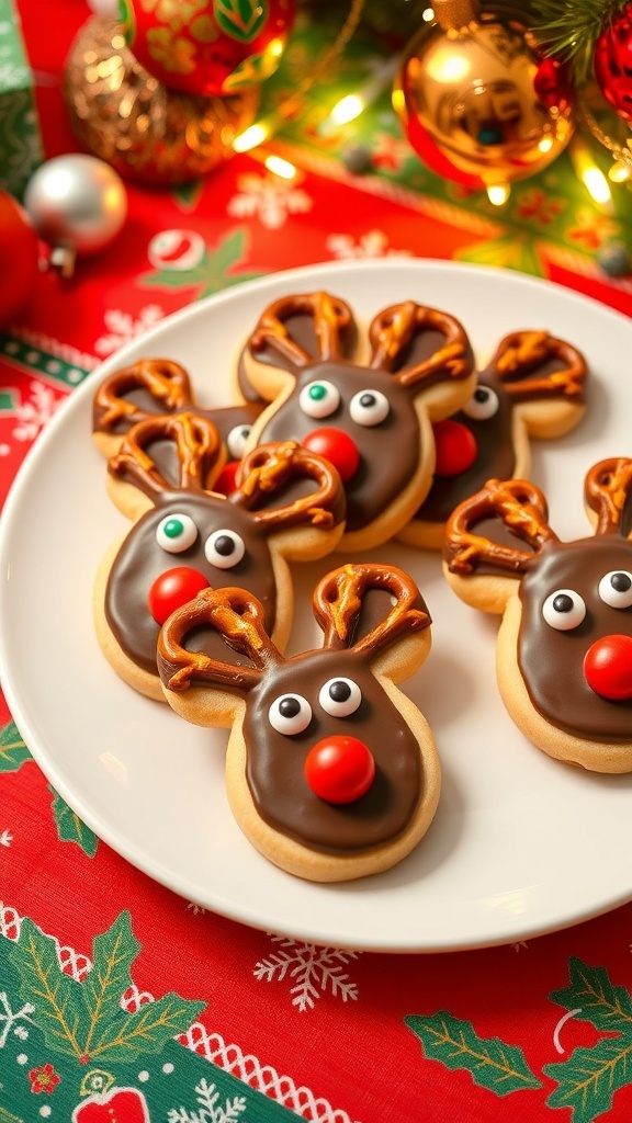 A plate of Christmas reindeer cookies decorated with chocolate icing and candy, set on a festive table.